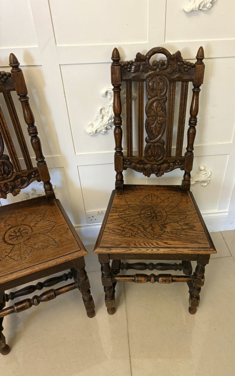 Antique Pair of Quality Carved Oak Side/Hall Chairs